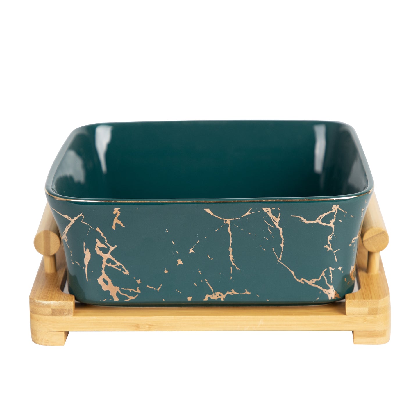Green enamel bowl with wooden frame