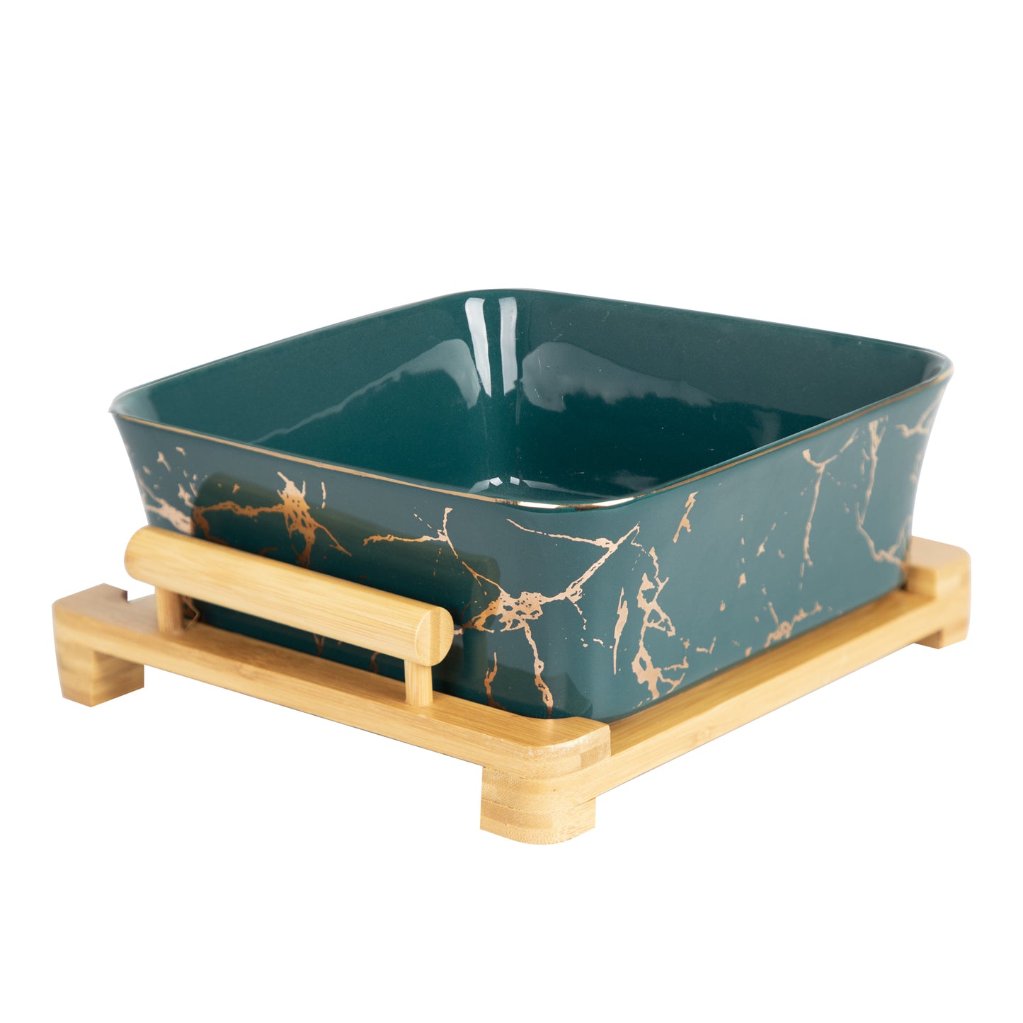 Green enamel bowl with wooden frame