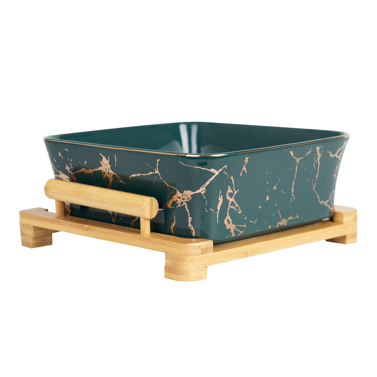 Green enamel bowl with wooden frame