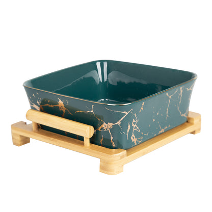 Green enamel bowl with wooden frame